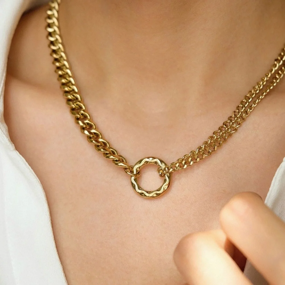 Double Round Chain Necklace | Gold Plated Stainless Steel - Picture 1 of 4